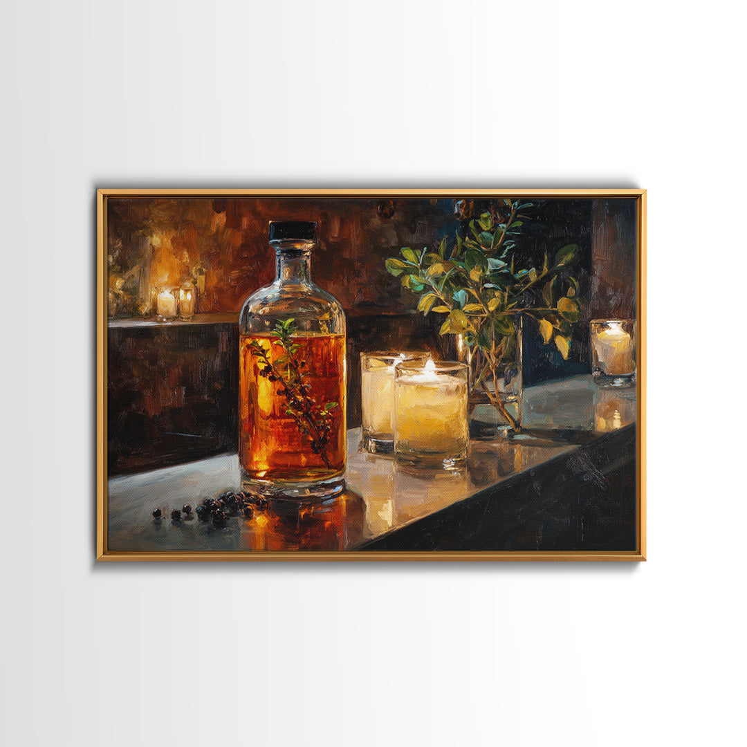 Gin Bottle with Botanicals and Juniper Branches Canvas Print, Bar Art, Bar, Bar Decor, Oil Painting, Living Room Art, BAR-3x2-83