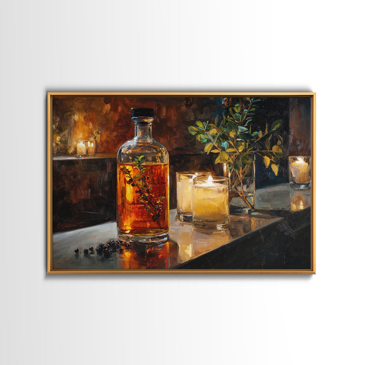 Gin Bottle with Botanicals and Juniper Branches Canvas Print, Bar Art, Bar, Bar Decor, Oil Painting, Living Room Art, BAR-3x2-83
