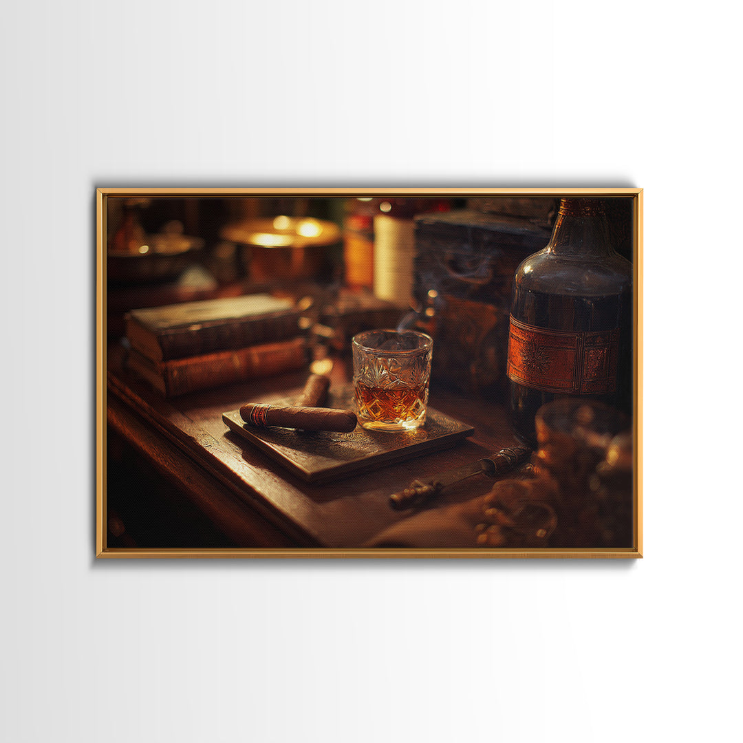 Dark Moody Cigar and Whiskey Still Life Framed Canvas Print, Bar Art, Statement Artwork, Bar Decor, Fine Art, BAR-3x2-85