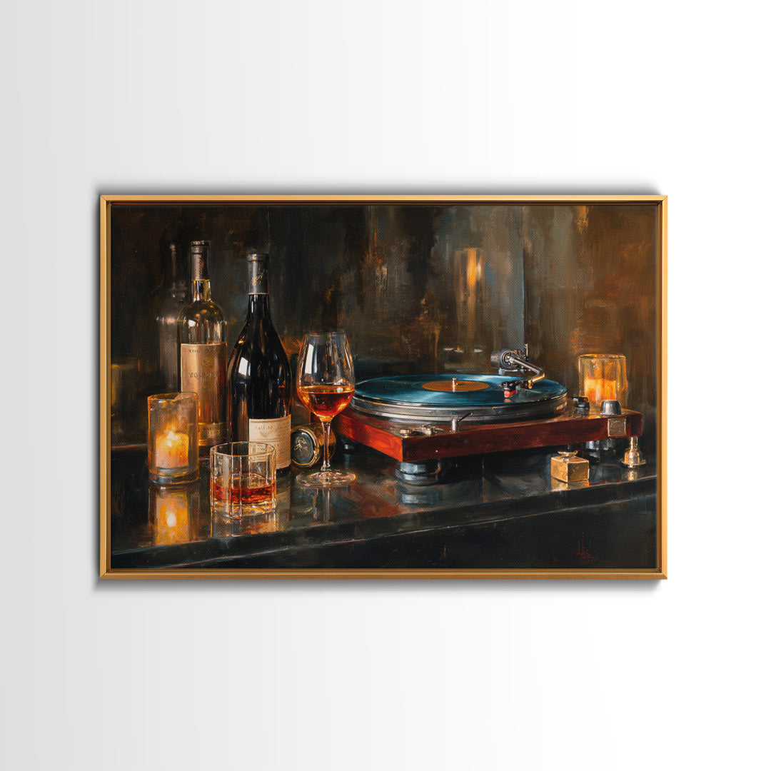 Wine and Record Player Lounge Still Life Canvas Print, Bar Art, Boho Decor, Bar Decor, Oil Painting, Art Print, BAR-3x2-89
