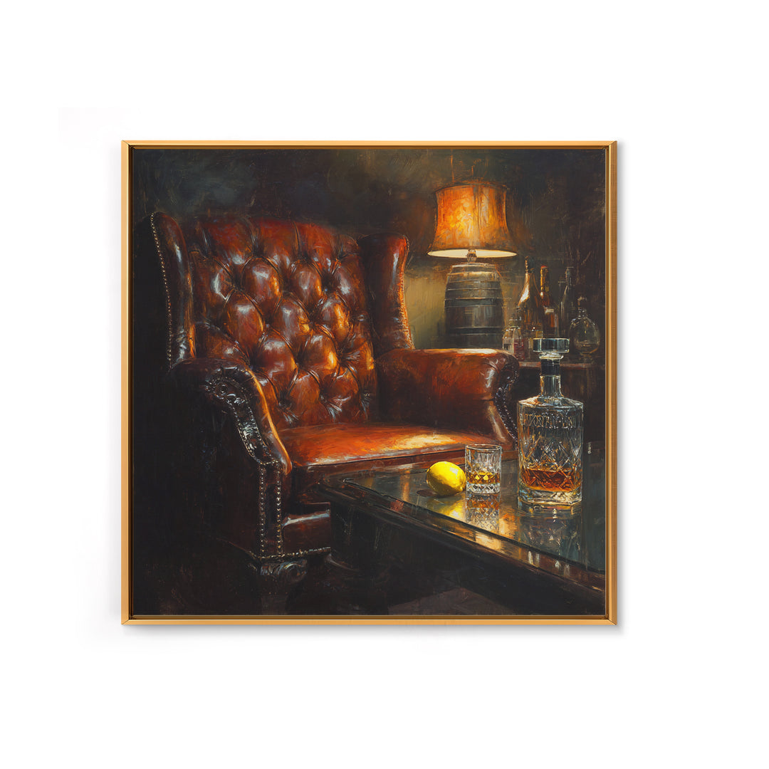Whiskey Barrel and Leather Chair Mood Painting Canvas Print, Basement Art, Original Art Prints, Living Room Decor, Retreat, BAS-1x1-34