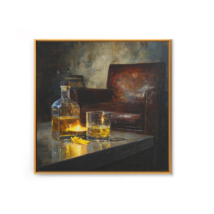Whiskey Barrel and Leather Chair Mood Painting Canvas Print, Basement Art, Neutral Decor, Living Room Decor, Oil Painting, BAS-1x1-82