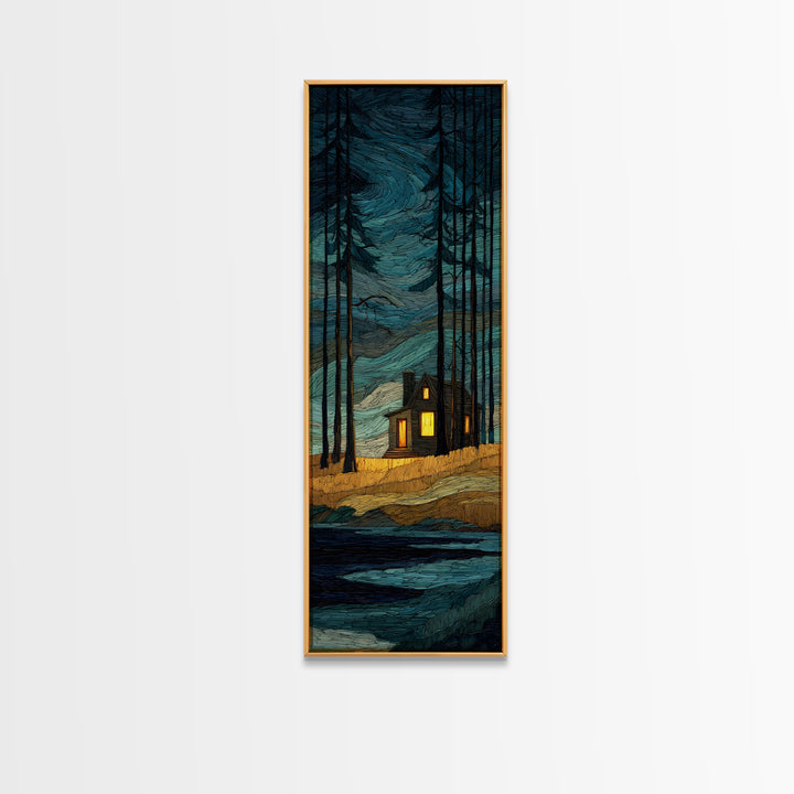 Forest Cabin Night Scene Canvas Print, Basement Art, Canvas, Living Room Decor, Retreat, Bar Art, Digital Art Download, BAS-1x3-27