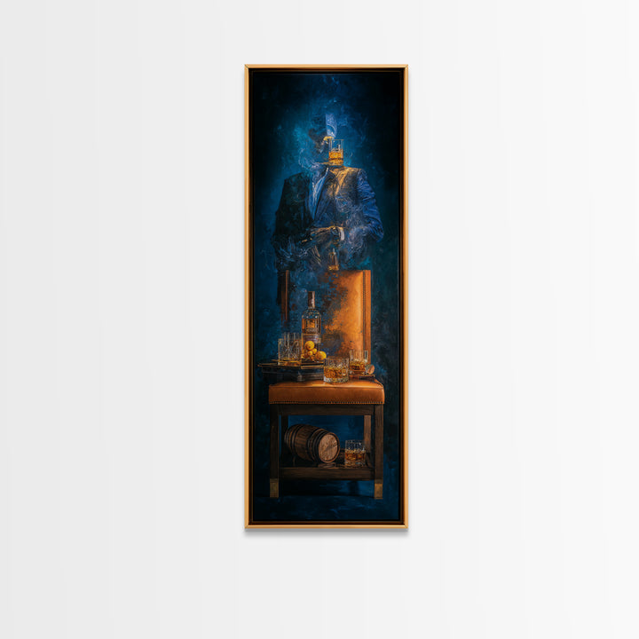 Whiskey Barrel and Leather Chair Mood Painting Framed Canvas Print, Basement Art, Game Room Decor, Living Room Decor, Retreat, BAS-1x3-46