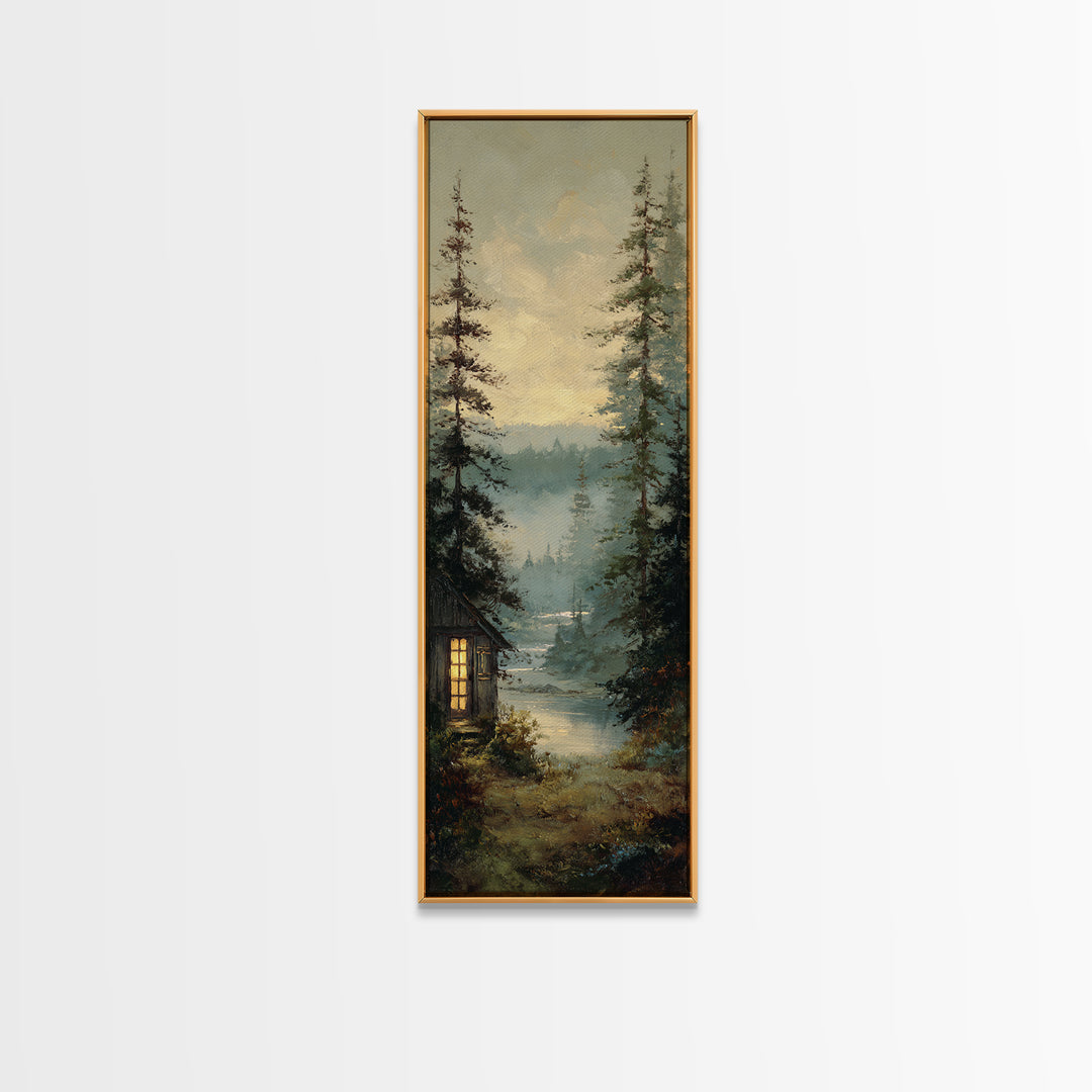 Forest Cabin Night Scene Canvas Print, Basement Art, Bar Decor, Living Room Decor, Fine Art, Retreat, Game Room Decor, BAS-1x3-51