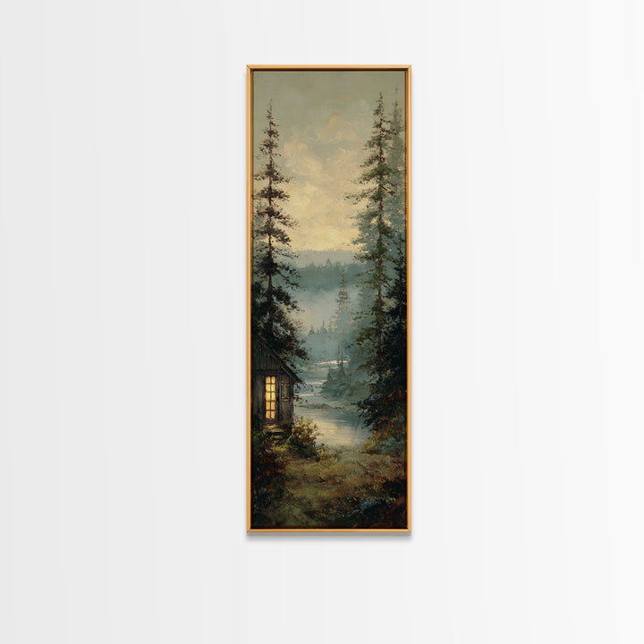 Forest Cabin Night Scene Canvas Print, Basement Art, Bar Decor, Living Room Decor, Fine Art, Retreat, Game Room Decor, BAS-1x3-51