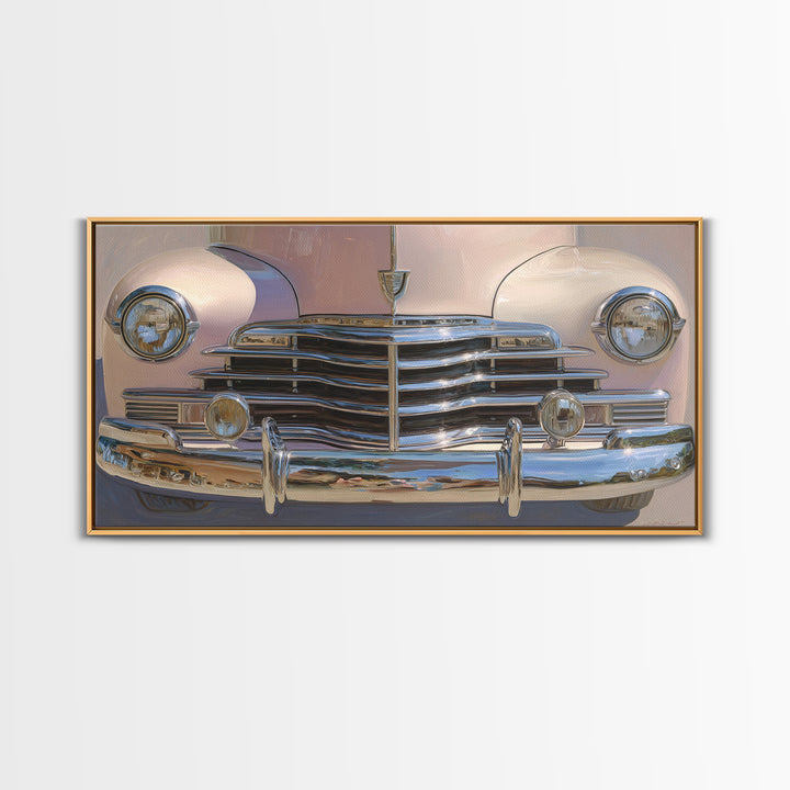 Classic Car Front Grill Closeup Framed Canvas Print, Basement Art, Statement Artwork, Living Room Decor, Fine Art, Retreat, BAS-2x1-18