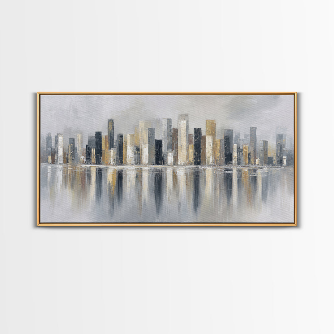 Dark Abstract City Skyline Framed Canvas Print, Basement Art, Western Decor, Living Room Decor, Retreat, Rustic Wall Art, BAS-2x1-3