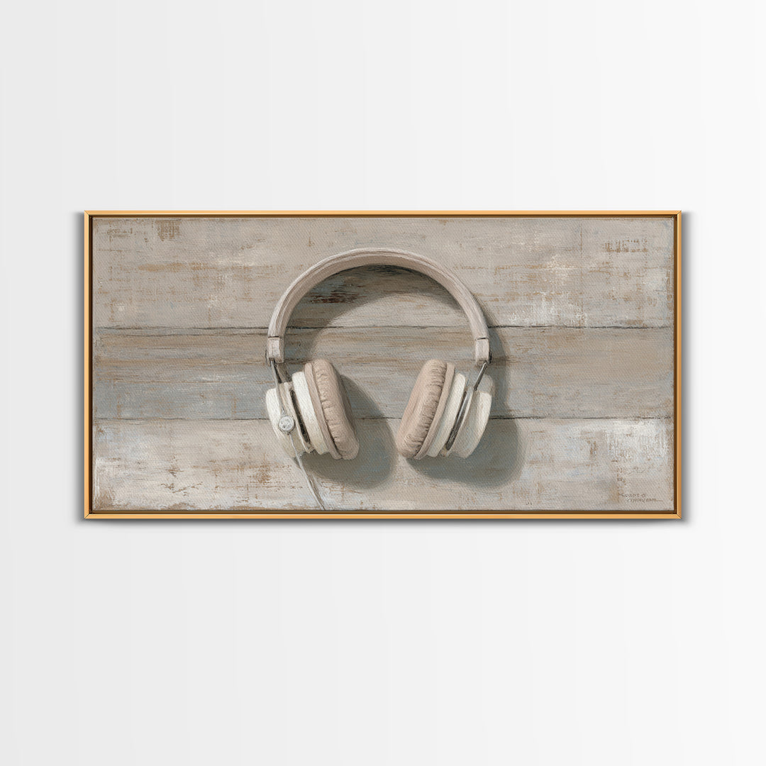 Vinyl Record and Headphones on Worn Wood Canvas Print, Basement Art, Classroom Decor, Living Room Decor, Oil Painting, Retreat, BAS-2x1-53