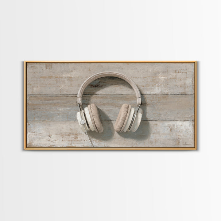 Vinyl Record and Headphones on Worn Wood Canvas Print, Basement Art, Classroom Decor, Living Room Decor, Oil Painting, Retreat, BAS-2x1-53