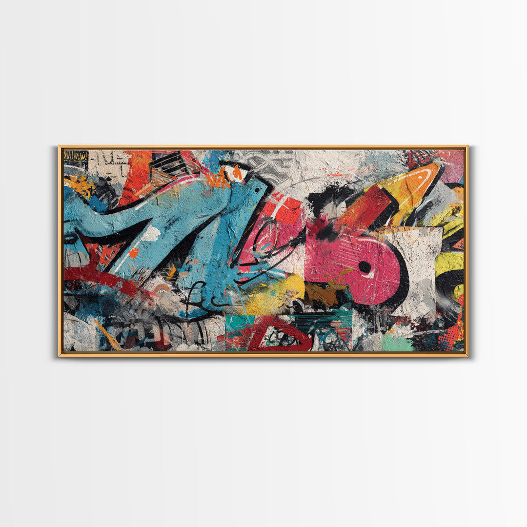 Urban Brick Graffiti Panel Framed Canvas Print, Basement Art, Game Room Decor, Living Room Decor, Fine Art, Retreat, BAS-2x1-67