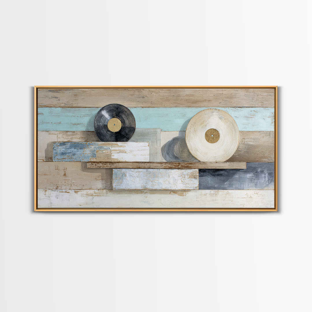 Vinyl Record and Headphones on Worn Wood Canvas Print, Basement Art, Classroom Decor, Living Room Decor, Oil Painting, Retreat, BAS-2x1-77