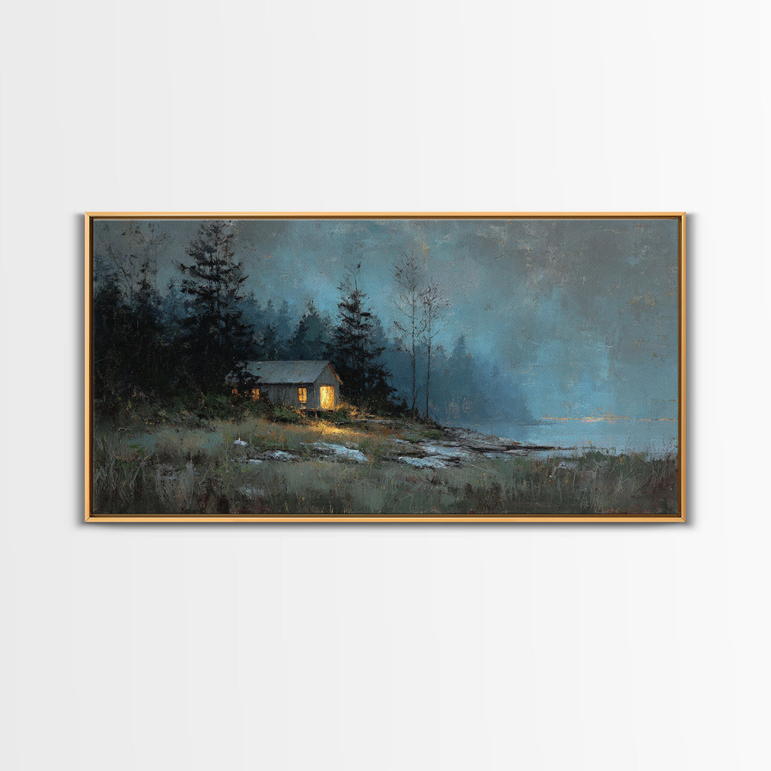 Forest Cabin Night Scene Framed Canvas Print, Basement Art, Contemporary Art, Living Room Decor, Oil Painting, Retreat, BAS-2x1-83