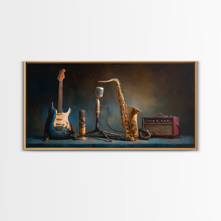 Classic Rock Guitar Still Life Framed Canvas Print, Basement Art, Digital Art Prints, Living Room Decor, Fine Art, Retreat, BAS-2x1-97