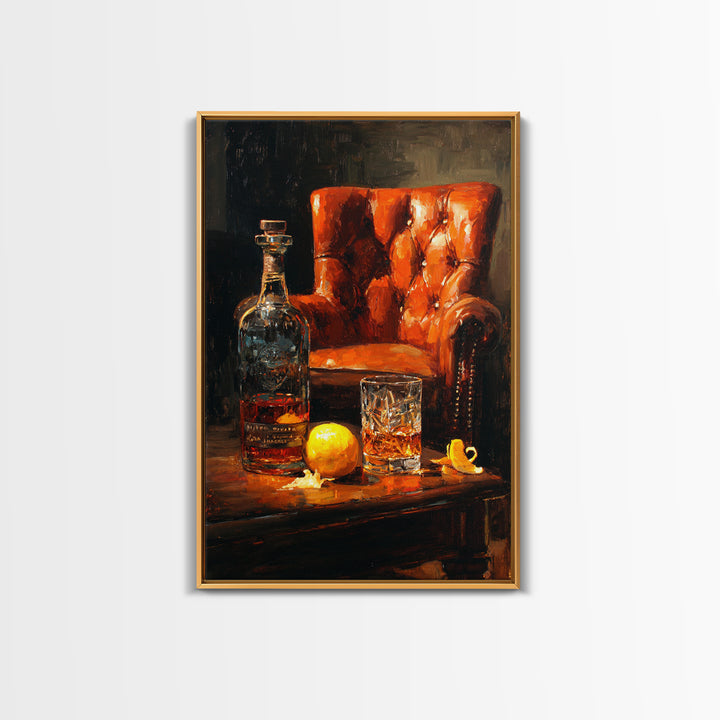 Whiskey Barrel and Leather Chair Mood Painting Canvas Print, Basement Art, Home Decor, Living Room Decor, Oil Painting, Retreat, BAS-2x3-66