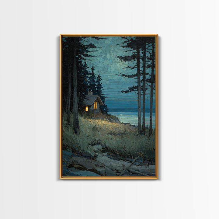 Forest Cabin Night Scene Canvas Print, Basement Art, Oil Painting, Living Room Decor, Retreat, Man Cave Decor, Bar Wall Art, BAS-2x3-71