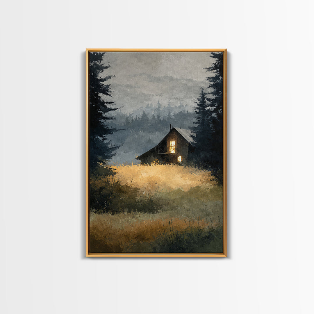 Forest Cabin Night Scene Canvas Print, Basement Art, Digital Art Download, Living Room Decor, Retreat, Steampunk Wall Art, BAS-2x3-95