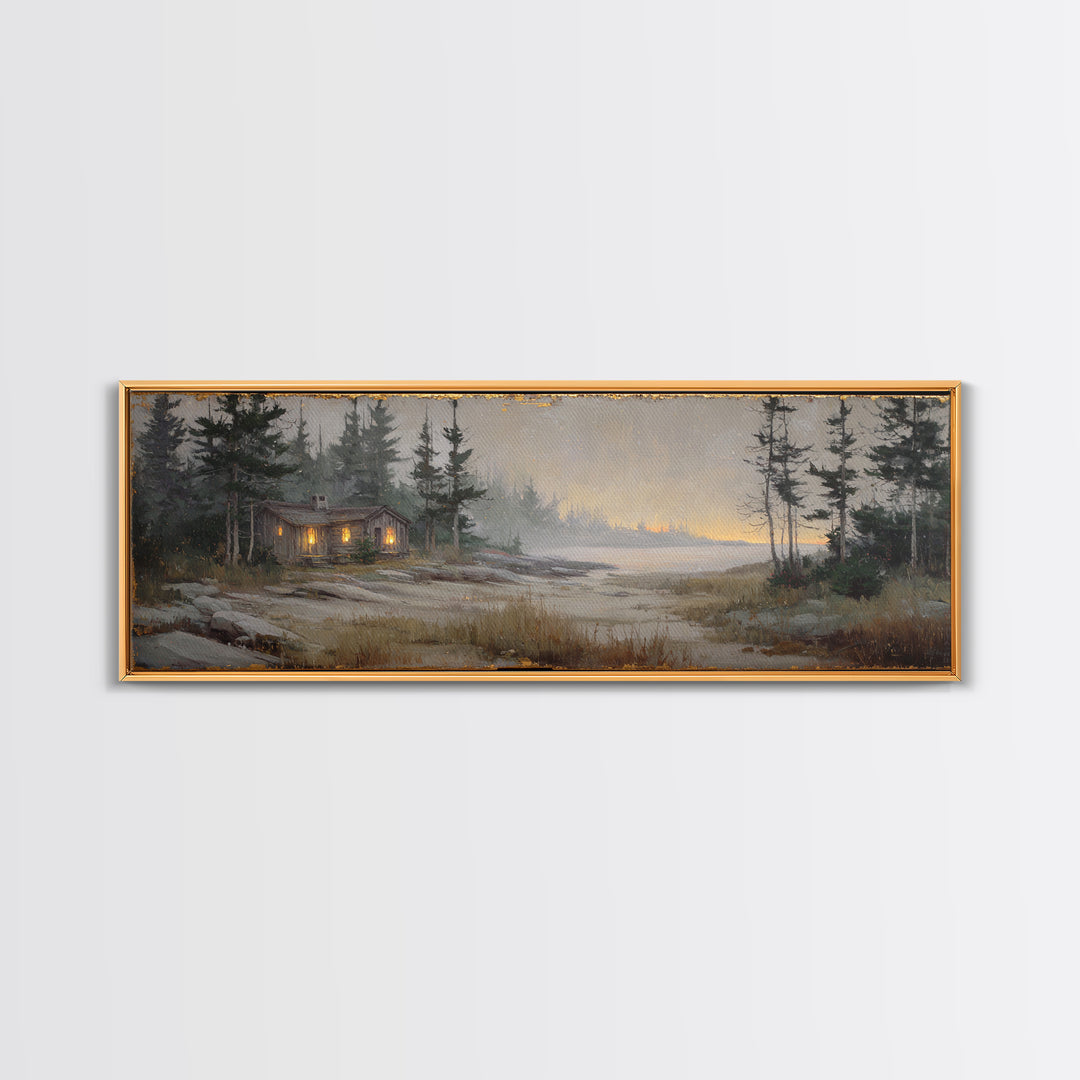 Forest Cabin Night Scene Canvas Print, Basement Art, Luxury Decor, Living Room Decor, Fine Art, Retreat, Oil Painting, BAS-3x1-31