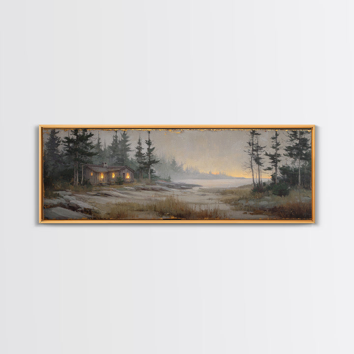 Forest Cabin Night Scene Canvas Print, Basement Art, Luxury Decor, Living Room Decor, Fine Art, Retreat, Oil Painting, BAS-3x1-31