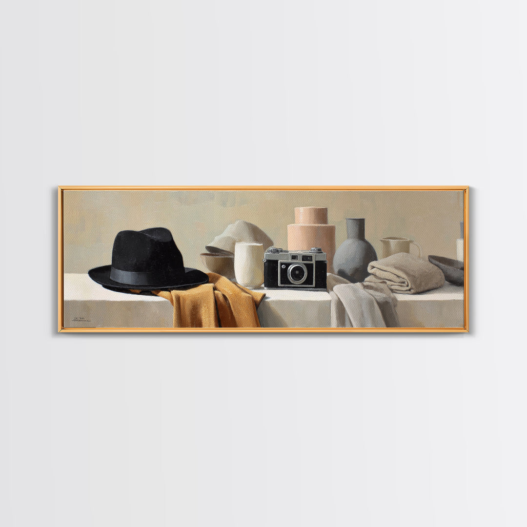 Noir Detective Hat and Camera Still Life Framed Canvas Print, Basement Art, Wall Art, Living Room Decor, Fine Art, Retreat, BAS-3x1-59