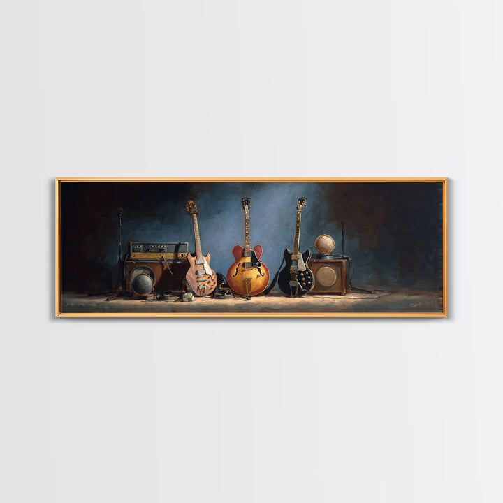 Classic Rock Guitar Still Life Framed Canvas Print, Basement Art, Cocktail Art, Living Room Decor, Fine Art, Retreat, BAS-3x1-69