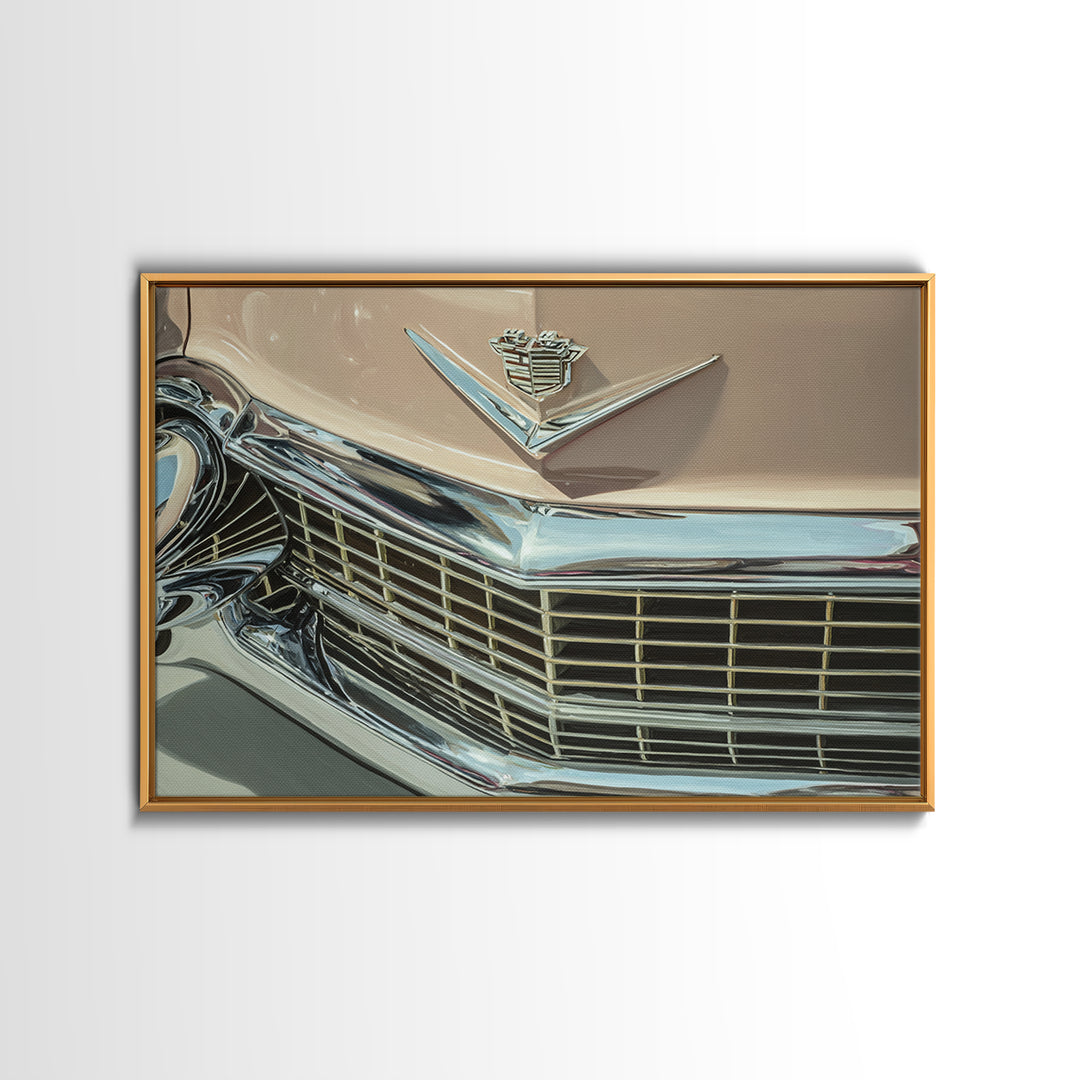 Classic Car Front Grill Closeup Framed Canvas Print, Basement Art, Bar Decor, Living Room Decor, Oil Painting, Retreat, BAS-3x2-50