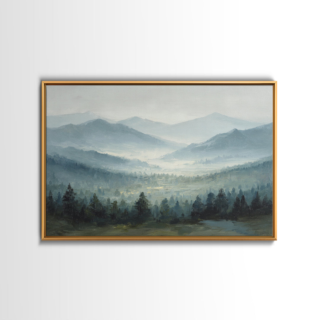Moody Mountain Landscape for a Cozy Lounge Framed Canvas Print, Basement Art, Original Art Prints, Living Room Decor, Retreat, BAS-3x2-79