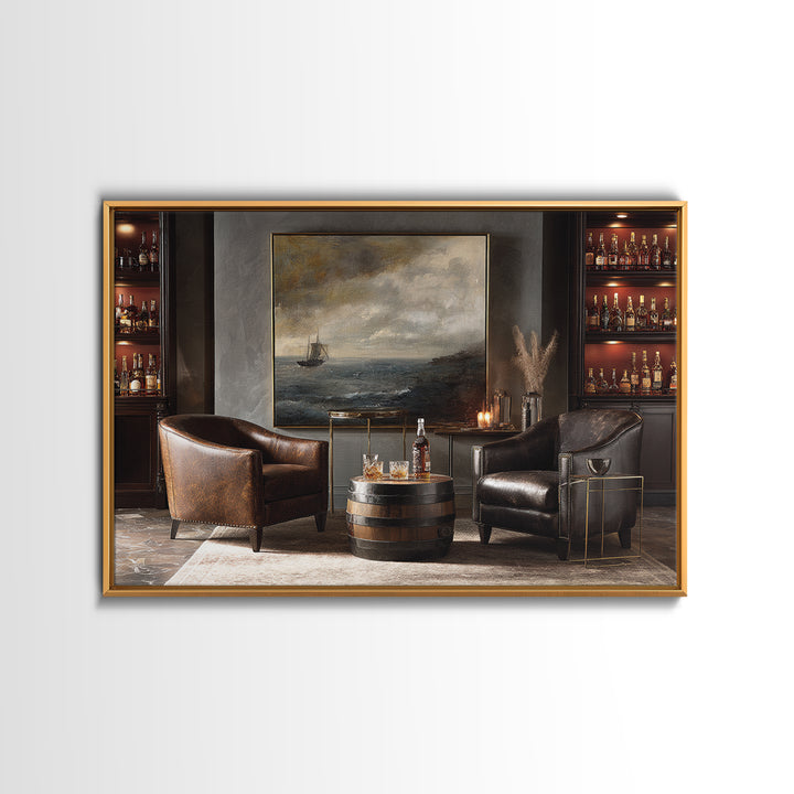 Whiskey Barrel and Leather Chair Mood Painting Framed Canvas Print, Basement Art, Man Cave Decor, Living Room Decor, Retreat, BAS-3x2-86