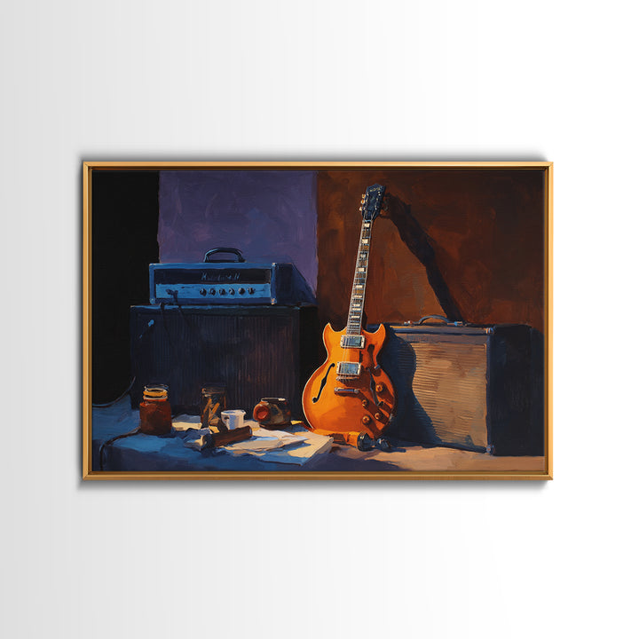 Classic Rock Guitar Still Life Framed Canvas Print, Basement Art, Custom Wall Art, Living Room Decor, Fine Art, Retreat, BAS-3x2-9