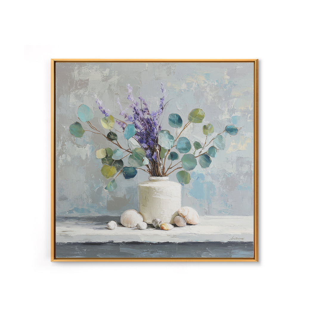 Lavender Sprigs in a Ceramic Vase Framed Canvas Print, Bathroom Art, Digital Art, Bathroom Decor, Fine Art, Spa, Dopamine Decor, BAT-1x1-12