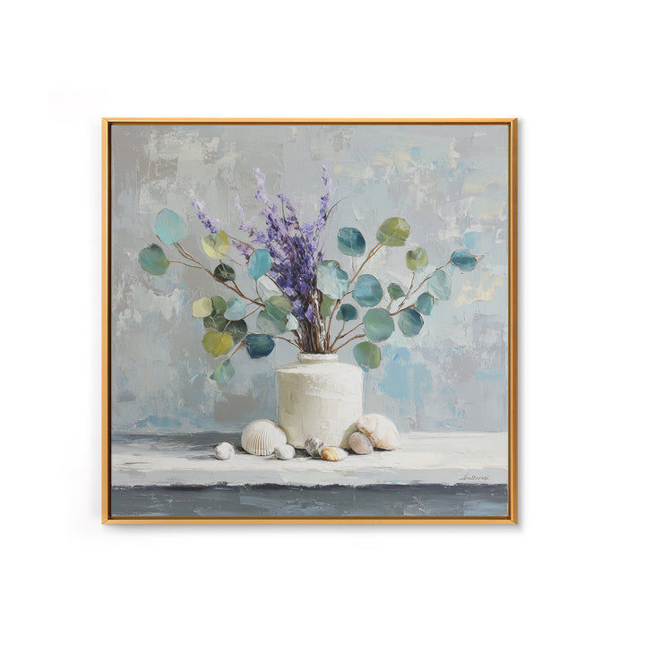 Lavender Sprigs in a Ceramic Vase Framed Canvas Print, Bathroom Art, Digital Art, Bathroom Decor, Fine Art, Spa, Dopamine Decor, BAT-1x1-12