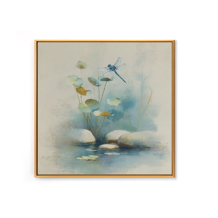 Delicate Dragonfly Above a Pond Surface Framed Canvas Print, Bathroom Art, Modern Art, Bathroom Decor, Fine Art, Spa, BAT-1x1-24
