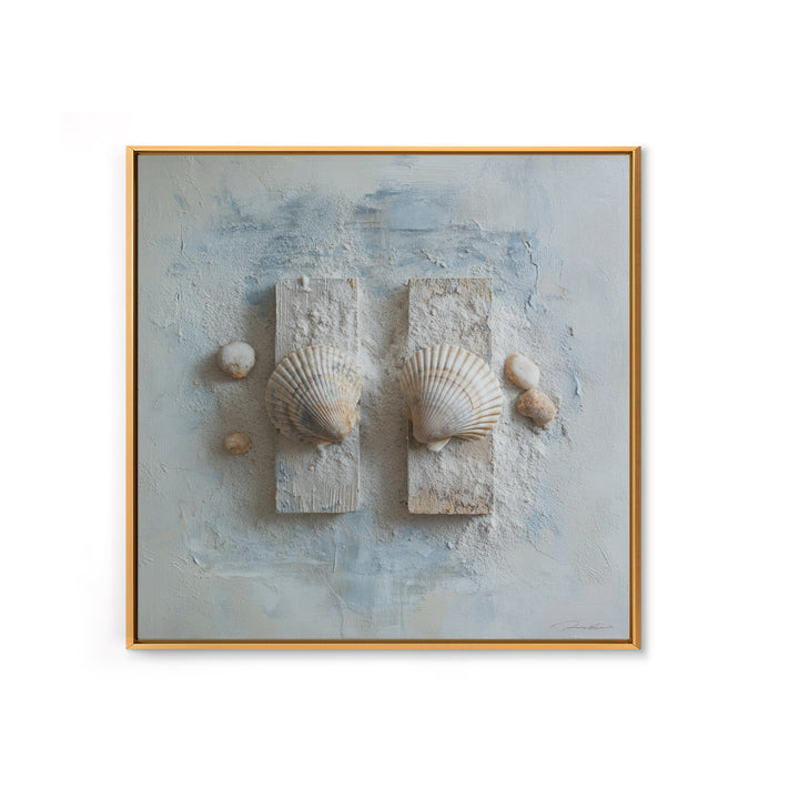 Minimal Seashell Still Life on Pale Sand Framed Canvas Print, Bathroom Art, Canvas Wall Art, Bathroom Decor, Fine Art, Spa, BAT-1x1-27