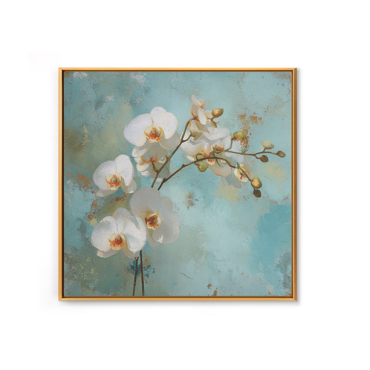 White Orchid on Warm Stone Background Framed Canvas Print, Bathroom Art, Bathroom Decor, Oil Painting, Spa, Modern Wall Art, BAT-1x1-28