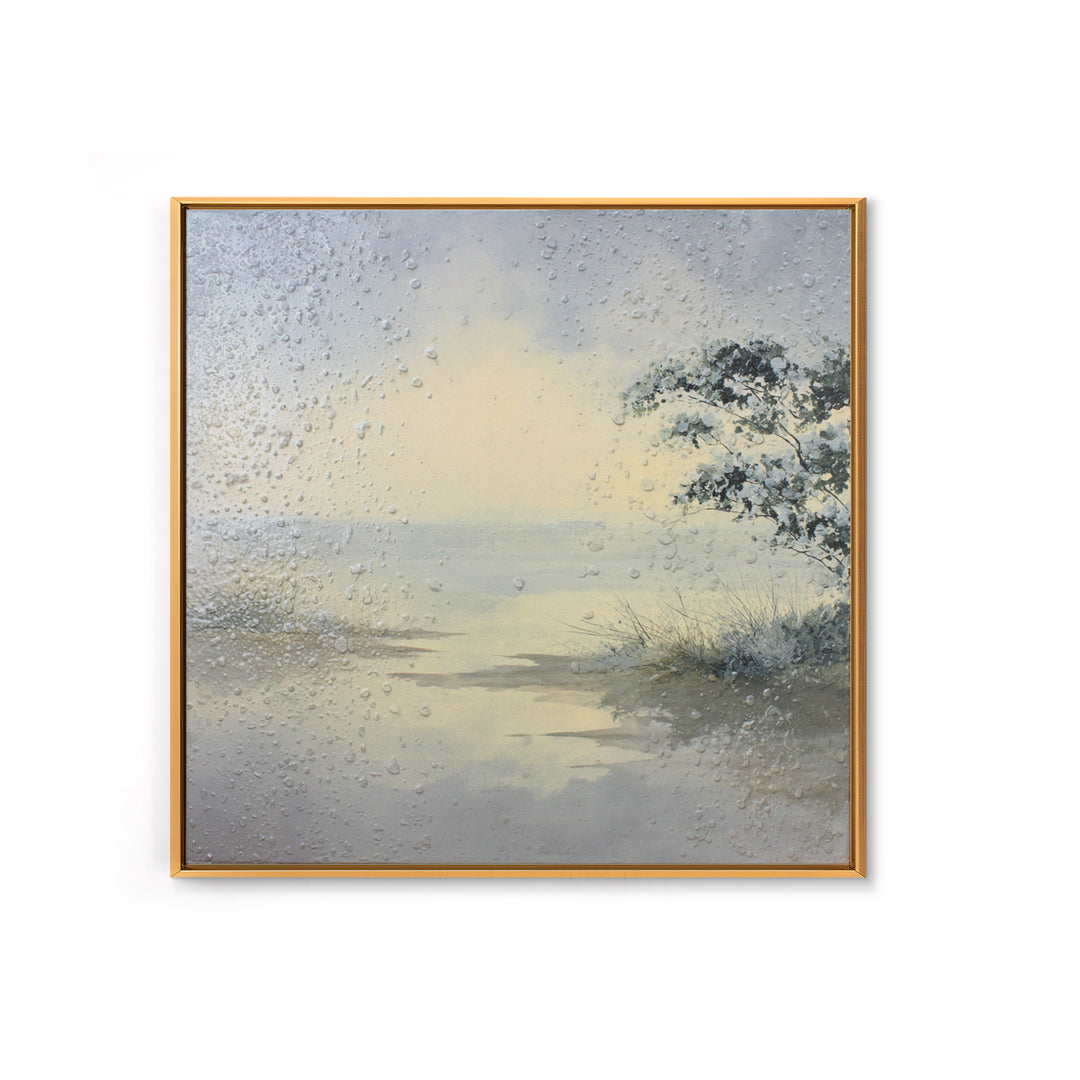 Misty Lake Scene Framed Canvas Print, Bathroom Art, Trendy Wall Art, Bathroom Decor, Fine Art, Spa, Textured Painting, BAT-1x1-57