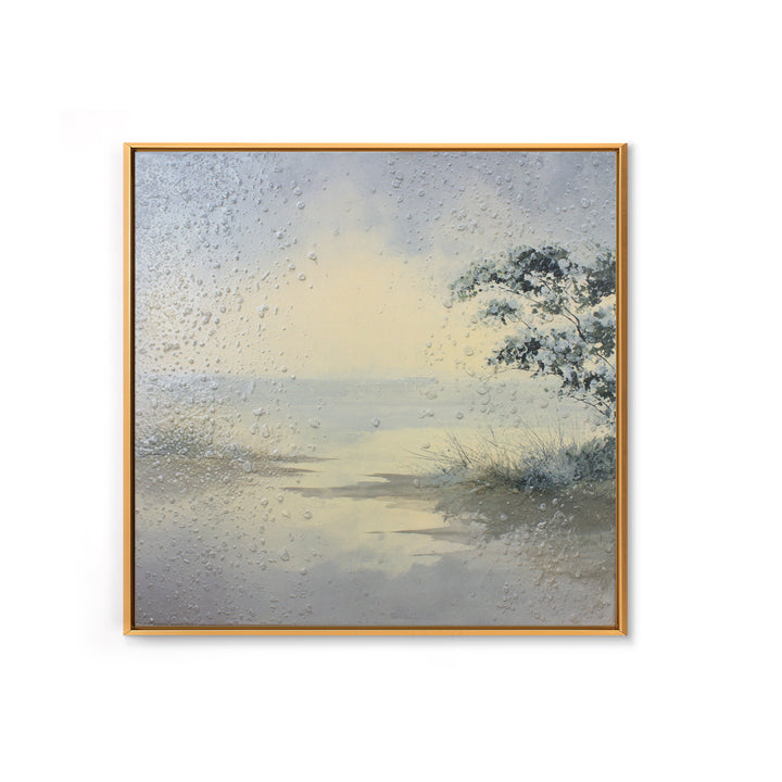 Misty Lake Scene Framed Canvas Print, Bathroom Art, Trendy Wall Art, Bathroom Decor, Fine Art, Spa, Textured Painting, BAT-1x1-57