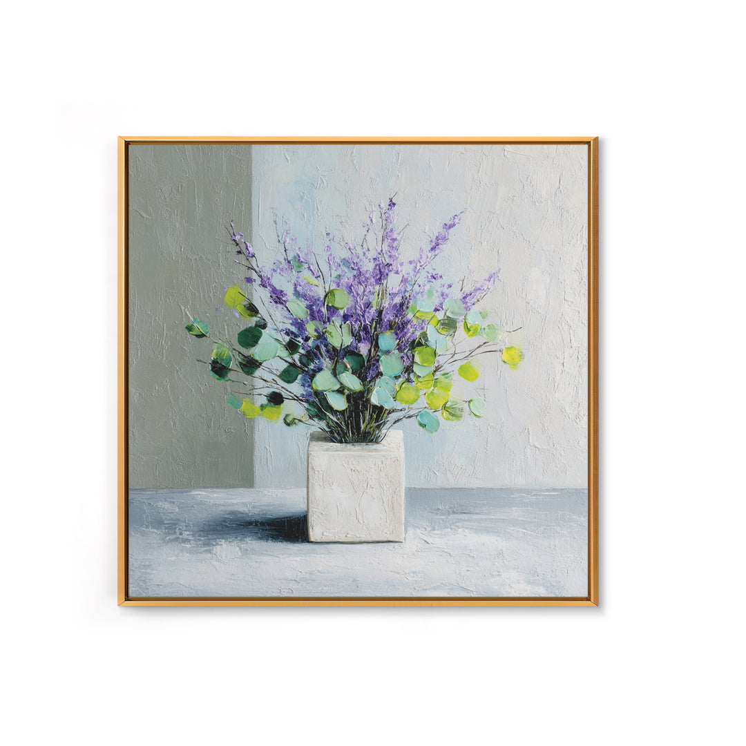 Lavender Sprigs in a Ceramic Vase Framed Canvas Print, Bathroom Art, Bathroom Wallpaper, Bathroom Decor, Abstract Art, Spa, BAT-1x1-84