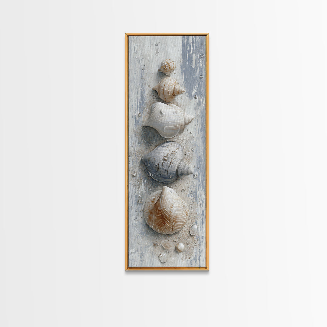 Minimal Seashell Still Life on Pale Sand Framed Canvas Print, Bathroom Art, Statement Artwork, Bathroom Decor, Abstract Art, BAT-1x3-15