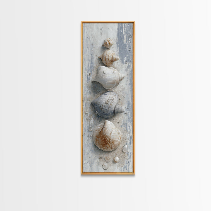 Minimal Seashell Still Life on Pale Sand Framed Canvas Print, Bathroom Art, Statement Artwork, Bathroom Decor, Abstract Art, BAT-1x3-15