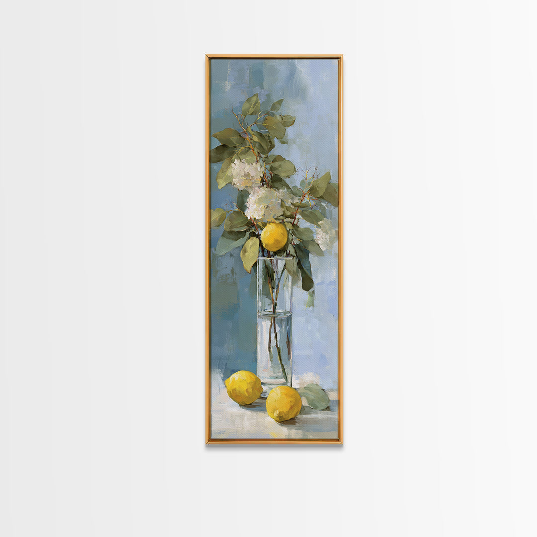 Lemon and Botanical Still Life Canvas Print, Bathroom Art, Bathroom Accessories, Bathroom Decor, Oil Painting, Spa, BAT-1x3-18