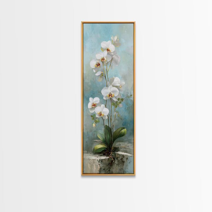 White Orchid on Warm Stone Background Canvas Print, Bathroom Art, Room Decor, Bathroom Decor, Spa, Custom Pet Portrait, BAT-1x3-40