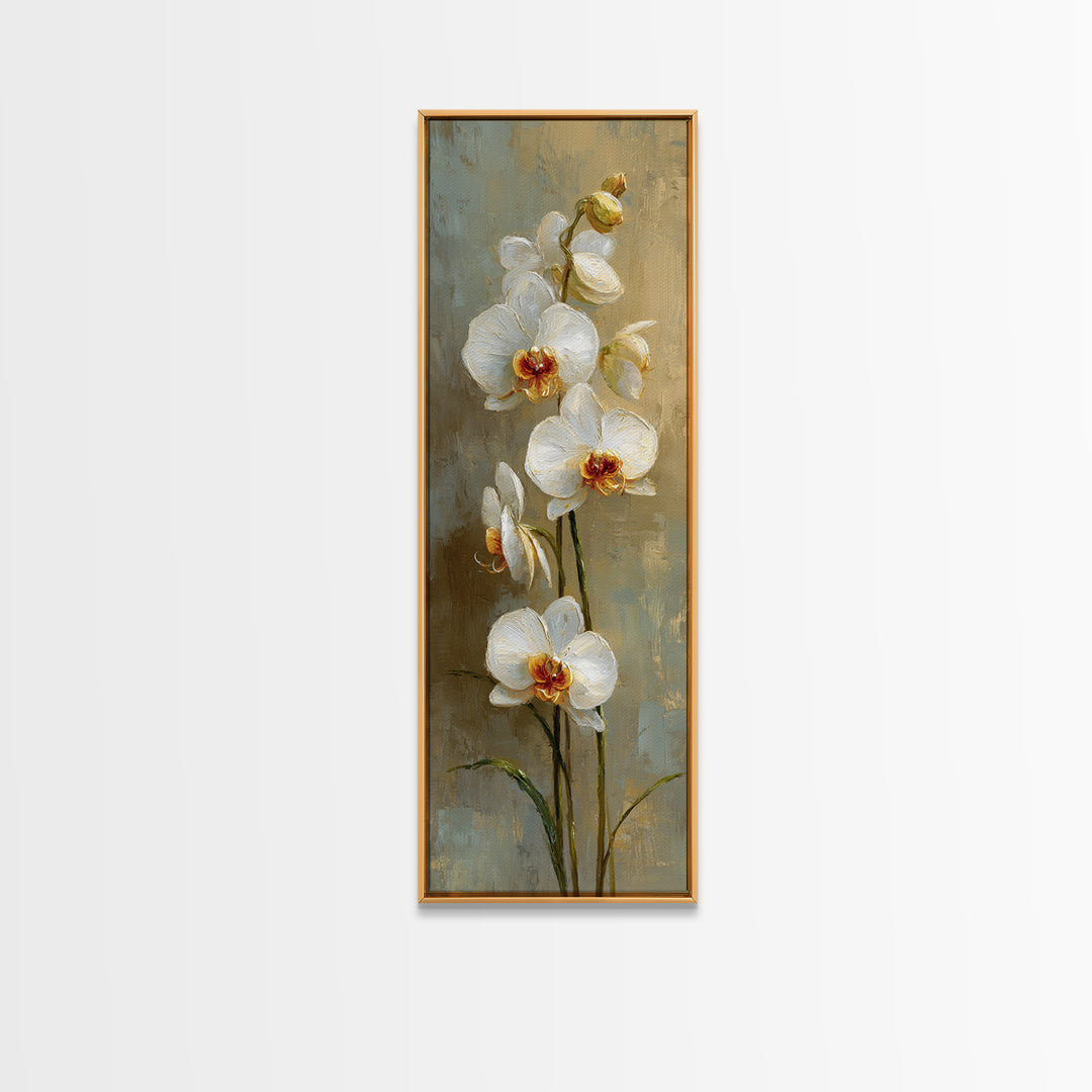 White Orchid on Warm Stone Background Framed Canvas Print, Bathroom Art, Home Decor, Bathroom Decor, Spa, Canvas Wall Art, BAT-1x3-64