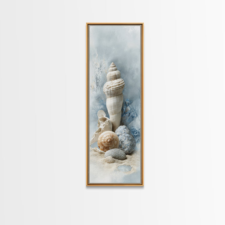 Minimal Seashell Still Life on Pale Sand Framed Canvas Print, Bathroom Art, Canvas Wall Art, Bathroom Decor, Fine Art, Spa, BAT-1x3-87