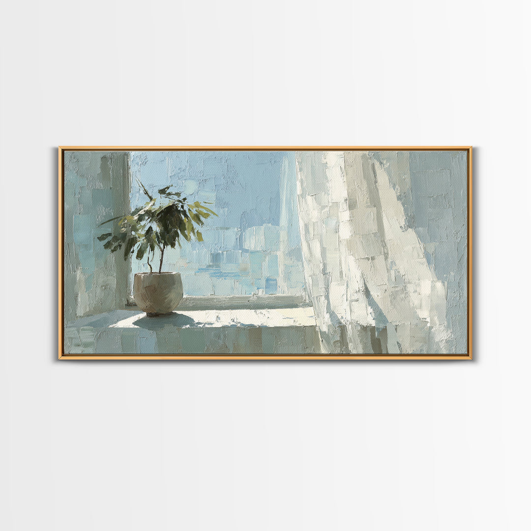 Sunlit Window Plant Shadow on Plaster Framed Canvas Print, Bathroom Art, Bathroom Print, Bathroom Decor, Watercolor Art, Spa, BAT-2x1-14
