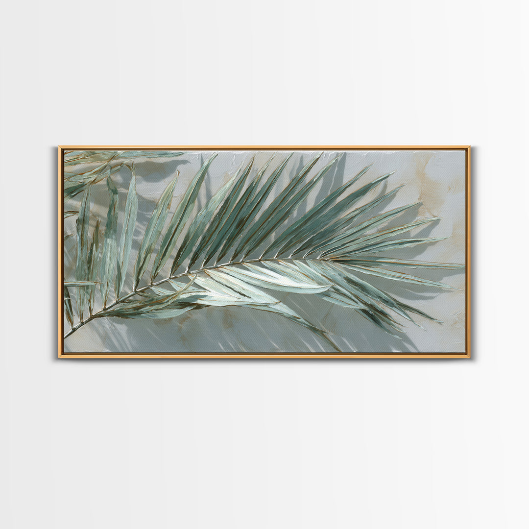 Simple Palm Frond on Off White Linen Framed Canvas Print, Bathroom Art, Bathroom Art Decor, Bathroom Decor, Abstract Art, Spa, BAT-2x1-19