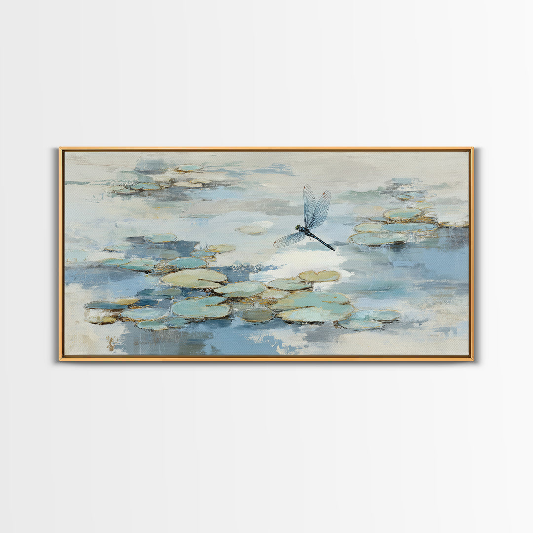 Delicate Dragonfly Above a Pond Surface Framed Canvas Print, Bathroom Art, Fine Art Print, Bathroom Decor, Fine Art, Spa, BAT-2x1-20