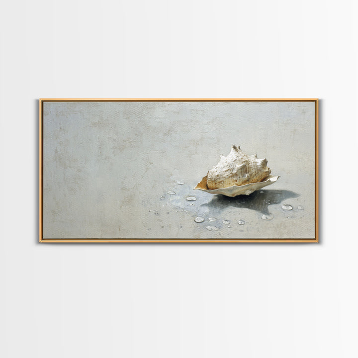 Minimal Seashell Still Life on Pale Sand Framed Canvas Print, Bathroom Art, Digital Art, Bathroom Decor, Watercolor Art, Spa, BAT-2x1-23