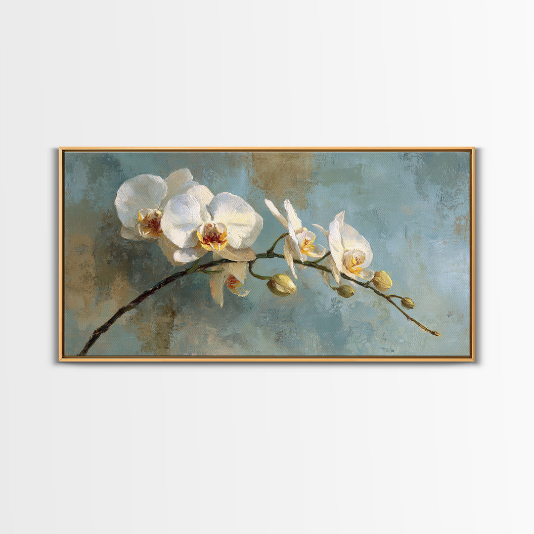 White Orchid on Warm Stone Background Framed Canvas Print, Bathroom Art, Textured Painting, Bathroom Decor, Fine Art, Spa, BAT-2x1-24