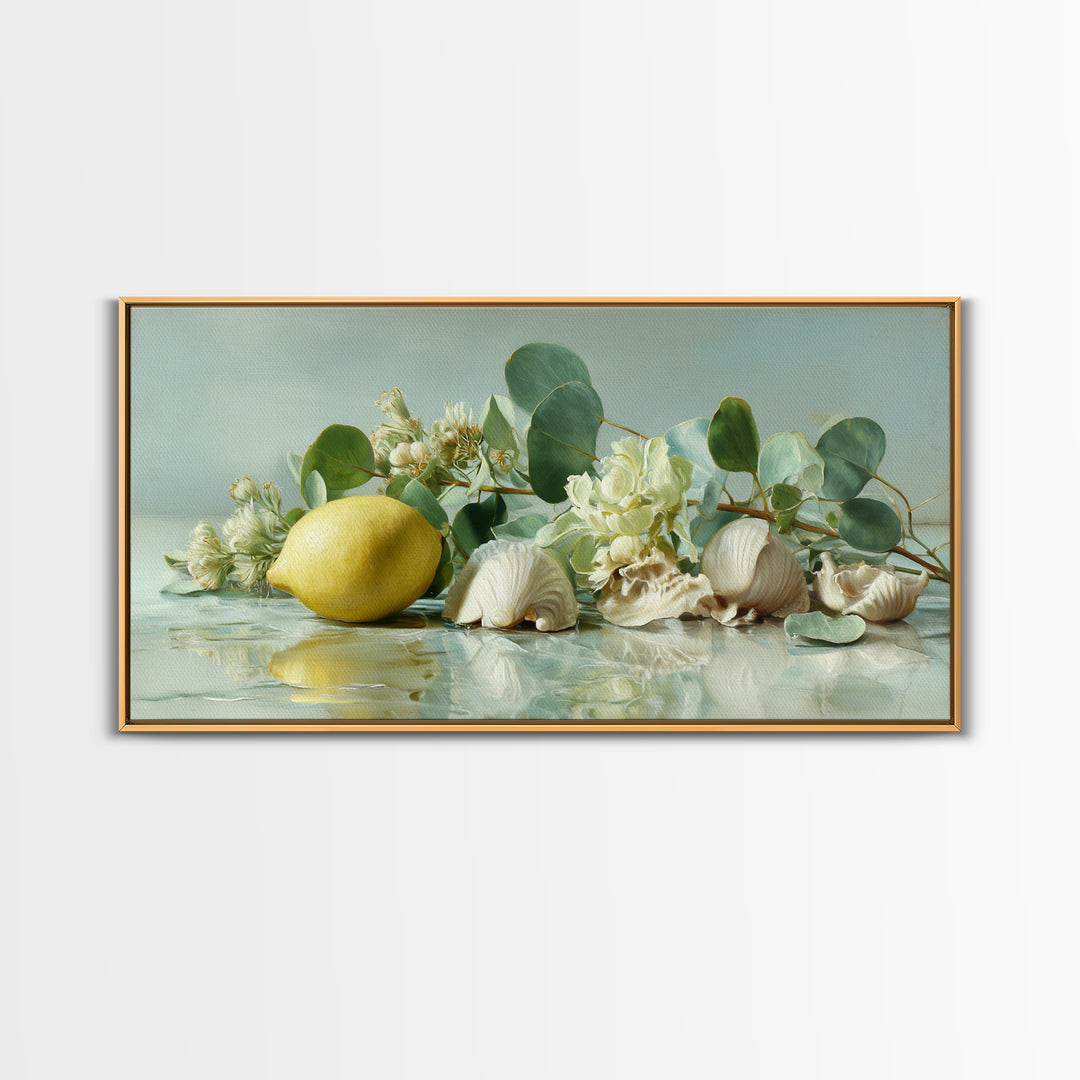 Lemon and Botanical Still Life Canvas Print, Bathroom Art, Neutral Decor, Bathroom Decor, Fine Art, Spa, Wall Art, Home Decor, BAT-2x1-26