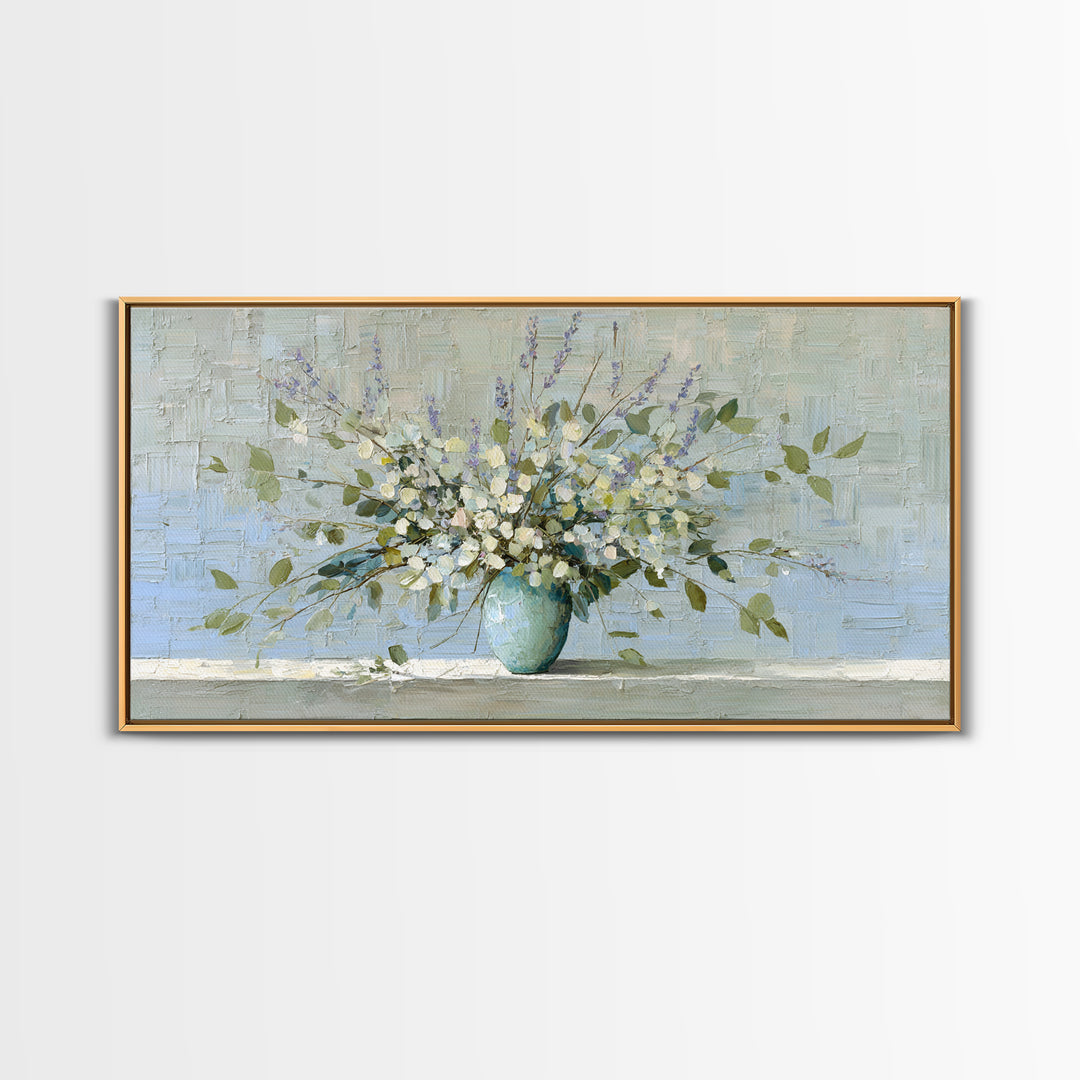 Lavender Sprigs in a Ceramic Vase Canvas Print, Bathroom Art, Minimalist Decor, Bathroom Decor, Oil Painting, Spa, Wall Hanging, BAT-2x1-32